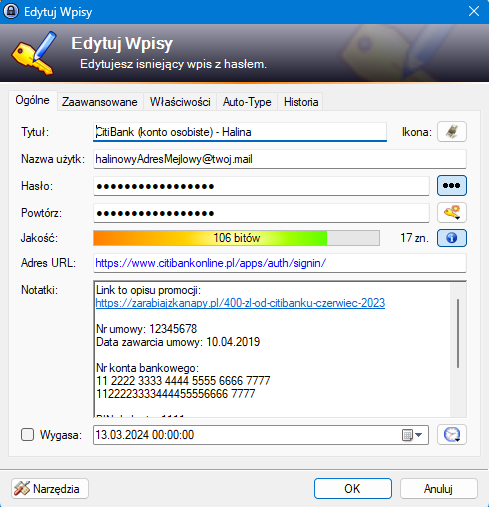 KeePass — edycja wpisu