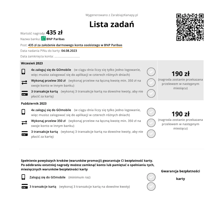 Lista zadań w PDF z promocji bankowej banku BNP Paribas