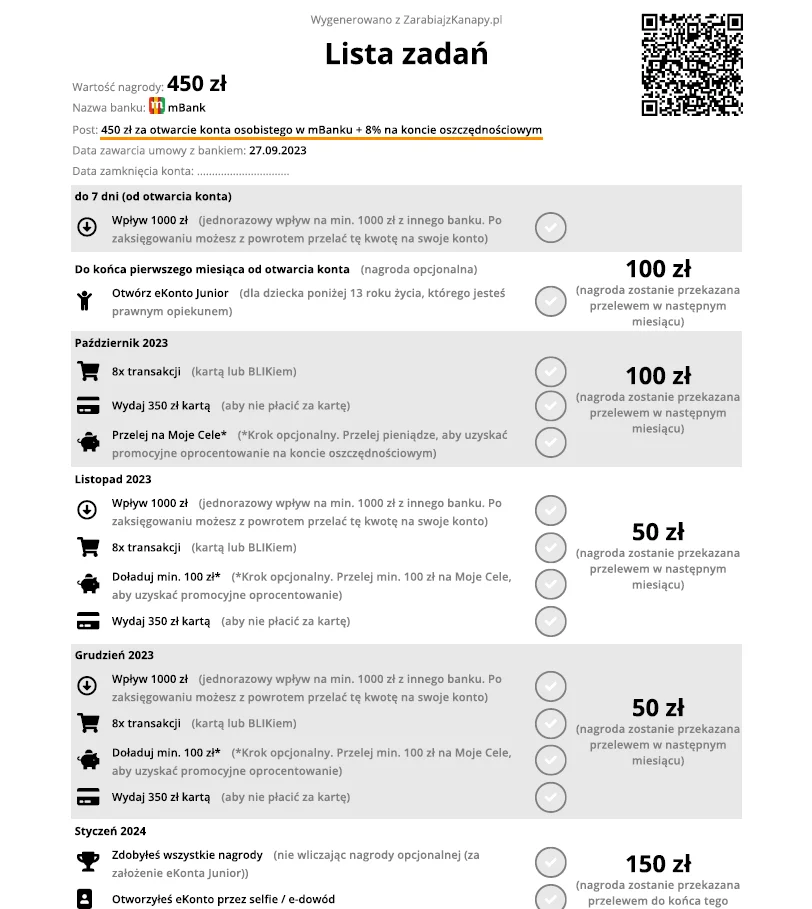 Lista zadań w PDF z promocji bankowej mBanku