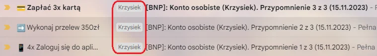 Przykładowa etykieta Krzysiek dla wiadomości (przypomnień) w Gmailu