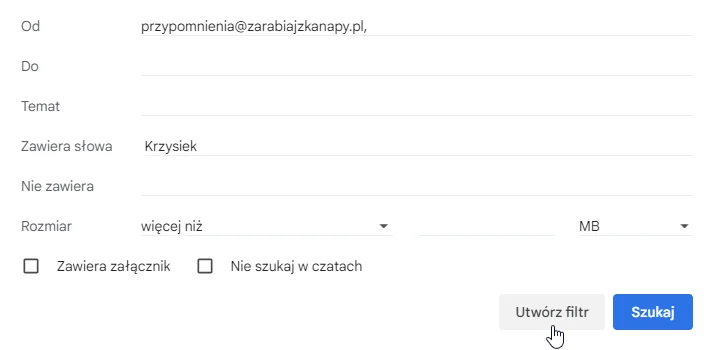 Tworzenie nowego filtru w Gmailu