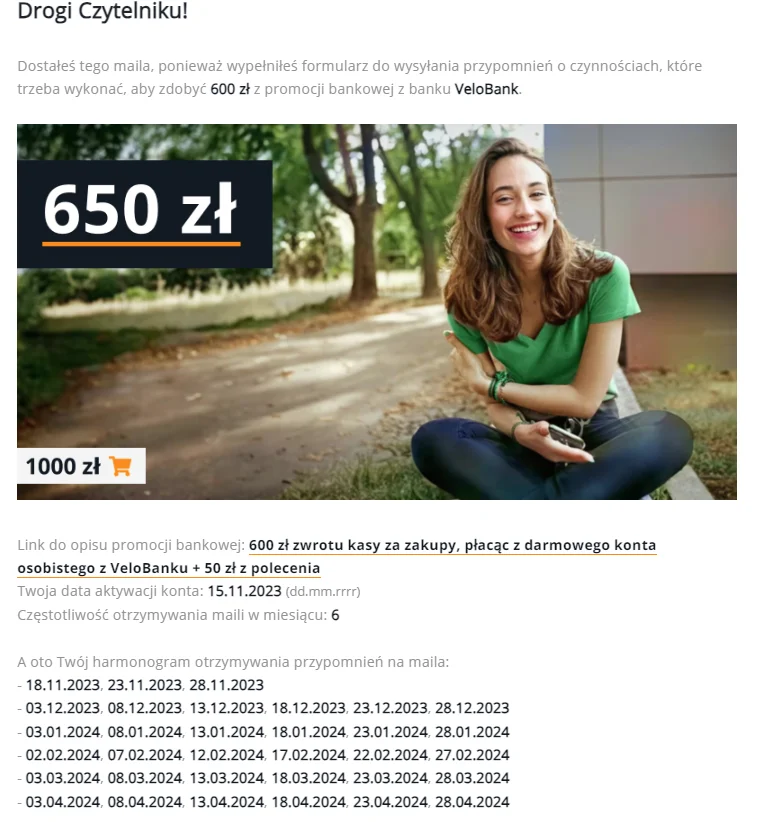 Mail po zapisaniu się do otrzymywania przypomnień mailowych