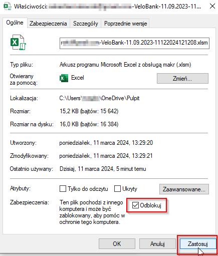 Przypomnienia w Excelu, odblokowanie pliku