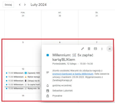 Przykładowe przypomnienia w formie wydarzeń w kalendarzu Google z jednego dnia