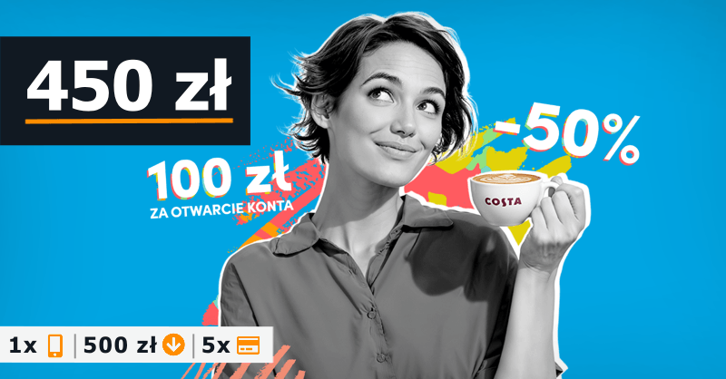 Grafika promująca Konto Przekorzystne w Banku Pekao z informacją o premii 450 zł i zniżkach w Costa Coffee