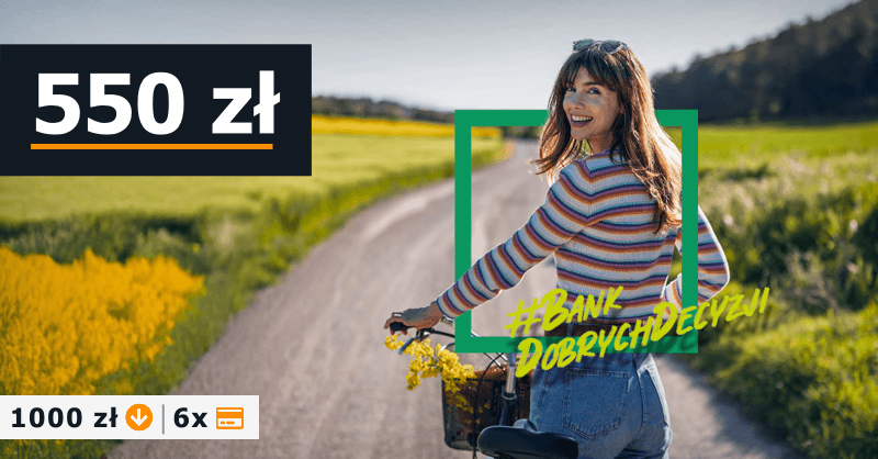 Grafika promująca konto osobiste w BNP Paribas z nagrodą 550 złotych gotówki w ramach promocji Bonus na wiosnę.